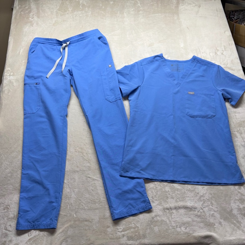 FIGS Women Blue Scrub Set Catarina Top & Cargo Jogger Pants Size Small